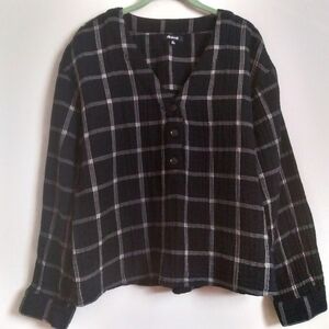 Madewell Cropped Cotton Lagenlook Top XL‎ Boxy Black White Window Pane Plaid